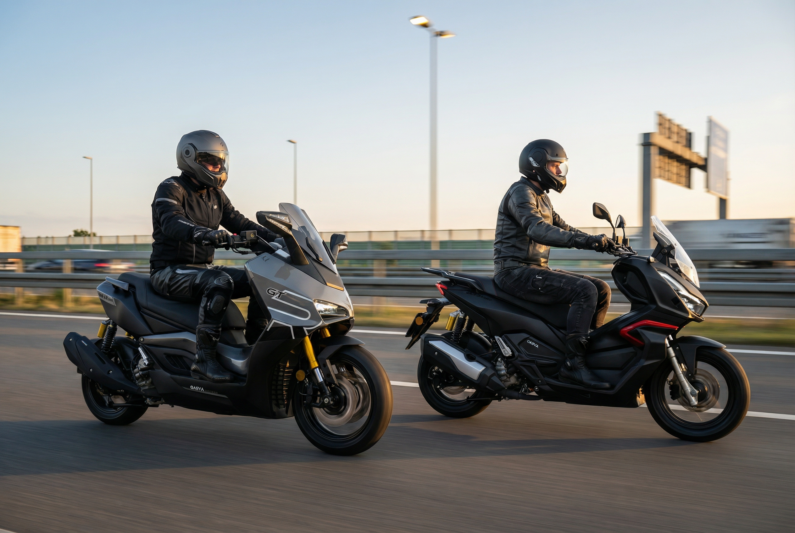 Zwei 250ccm und 300ccm Motorroller fahren auf einer breiten Straße bei Sonnenuntergang
