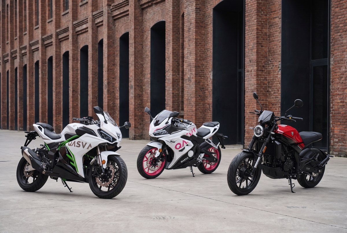 Drei 125ccm Motorräder von QASVA und Burnout vor Backsteingebäude